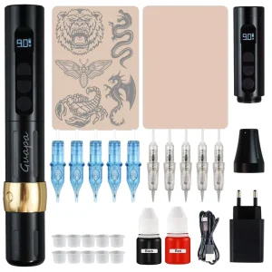 Wireless Tattoo Machine Pen Kit Recharge Battery Rotary Tattoo Gun Digital LCD Display