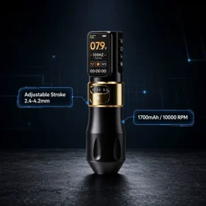 Wireless Tattoo Pen Machine Adjustable Stroke 2.4-4.2mm 10000 RPM Aluminum Alloy Rechargeable LED Display Rotary Gun