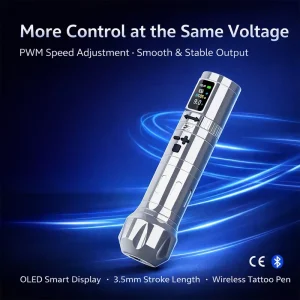 Wireless Tattoo Pen Machine with OLED Display 3.5mm Stroke PWM Speed Control Bluetooth Footswitch Compatible