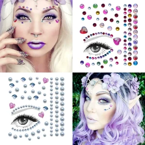 Women Adhesive Stick on Gem Face Jewels Makeup Diamond Eye Face Rhinestone Tattoo Stickers for Rave Festival