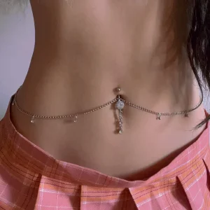 Women Trendy Sexy Rhinestone Dangle Belly Button Chain Navel Piercing Ring Body Waist Chain Jewelry Wedding Party Gift Summer