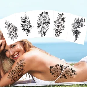 Women’s Sexy Flower Paper Temporary Tattoos Realistic Black Rose Waterproof Transfer Printed Body Art Painting Face Arm Legs