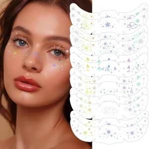 Women’s Temporary Christmas Holographic Multichrome Glitter Freckles Face Tattoos Sparkle Makeup Stickers Patches for Party