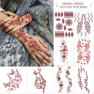 Women’s Waterproof Temporary Henna Tattoo Stickers White Paper Fake Tattoo Hand & Leg Sleeve Water Transfer Body Art Design