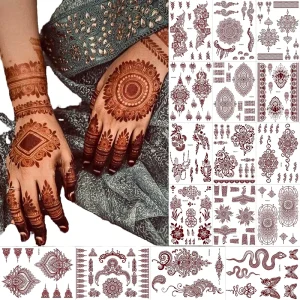 Women’s Waterproof Temporary Henna Tattoo Stickers White Paper Fake Tattoo Hand & Leg Sleeve Water Transfer Body Art Design