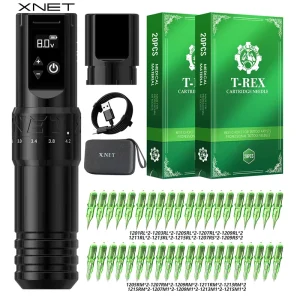 XNET T1 2400mAh 2.0 4.2mm Adjustable Stroke Professional Wireless Tattoo Pen Machine Kit with 40pc Mixed Tattoo Cartridge Needle