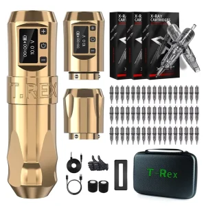 XNET Trex Portable 1800mAh LCD Digital Display Rotary Battery Pen Wireless Tattoo Machine Complete Kit Set with Cartridge Needle