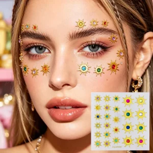 Yellow Sun Face Gems Stickers Festival Party Body Art Adhesive Rhinestone Jewel Sticker for Women Girls Makeup