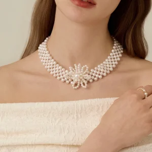 YouLaPan VG77 Hand Woven Floral Faux Pearl Collar Necklace Detachable Extender Chain Bridal Party Neck Accessory